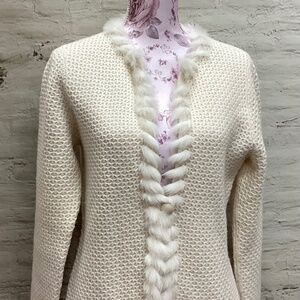 Jones New York Cream Wool Blend Rabbit Fur Cardigan Size Medium